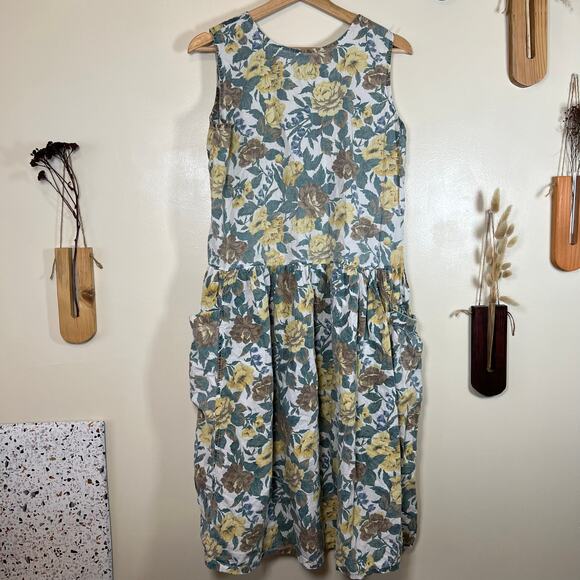 Women's Medium Sleeveless Vintage Chandri Yellow Flower Sundress - Picture 6 of 6